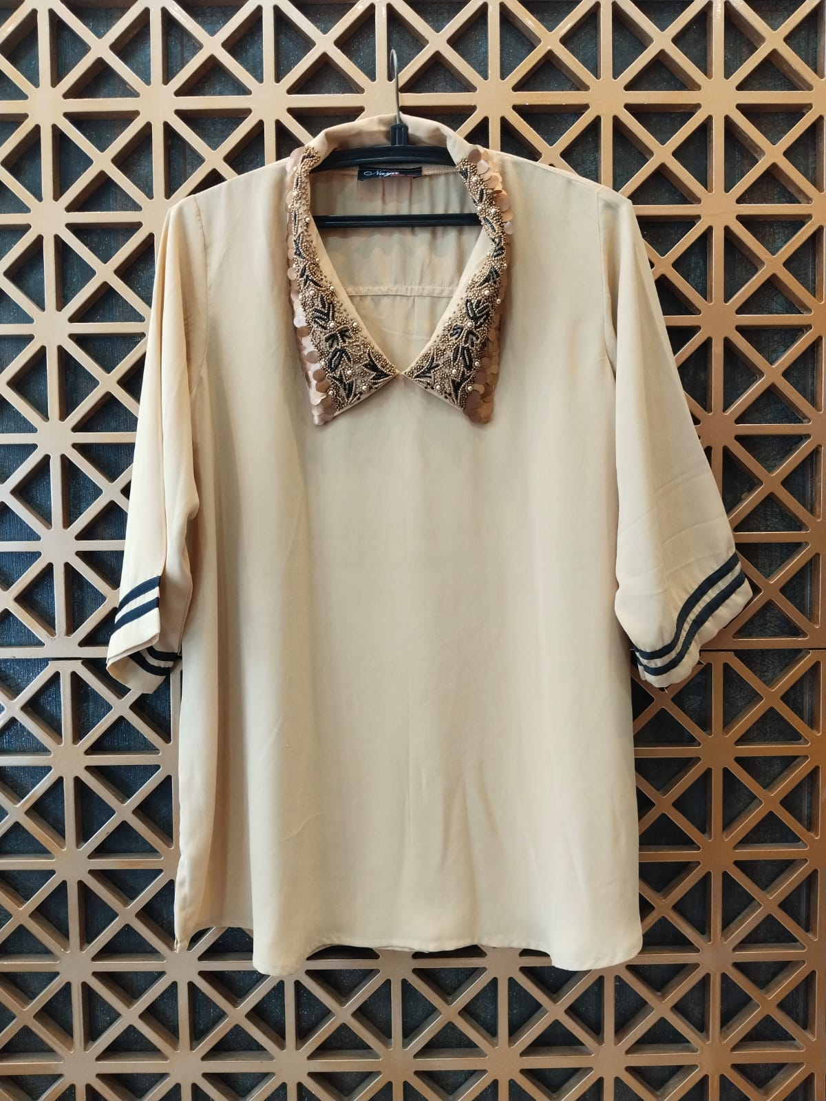 Beige color Top with collared Handwork