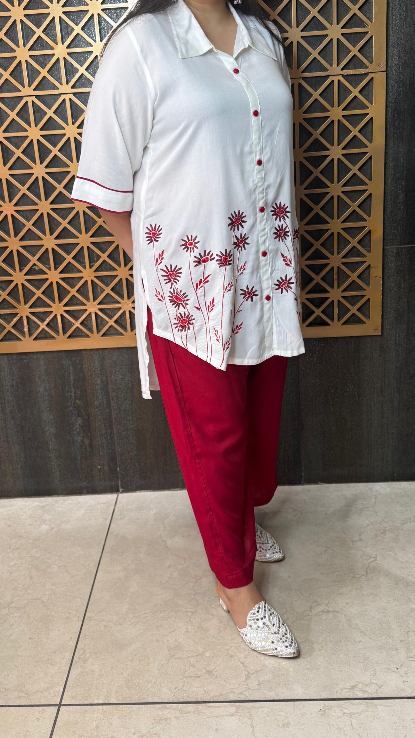 Red and white cord set with thread work