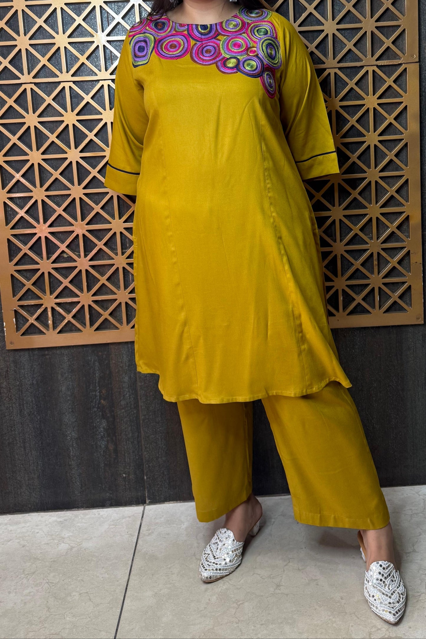 Mustard Cord Set with Thread work