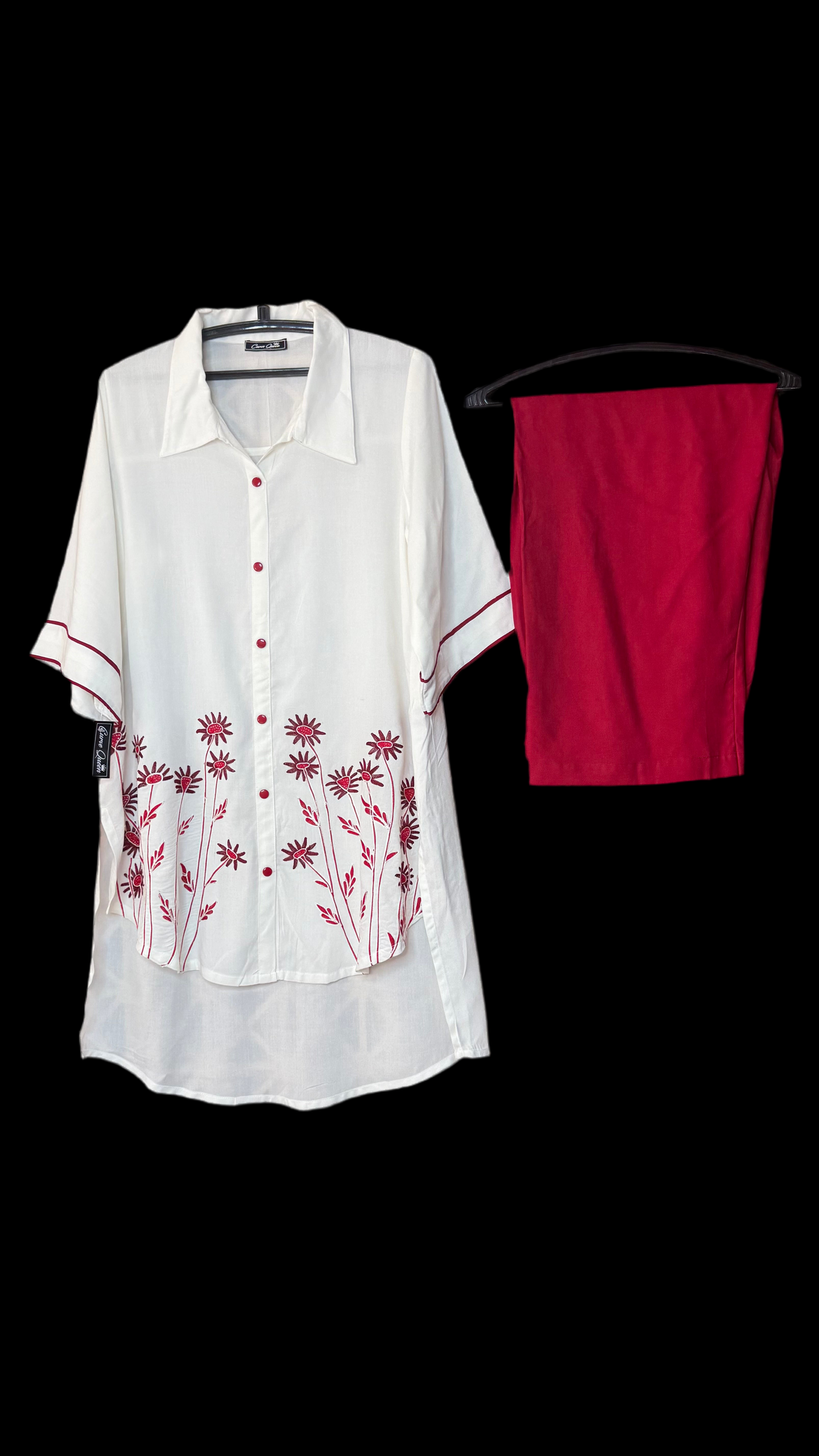 Red and white cord set with thread work