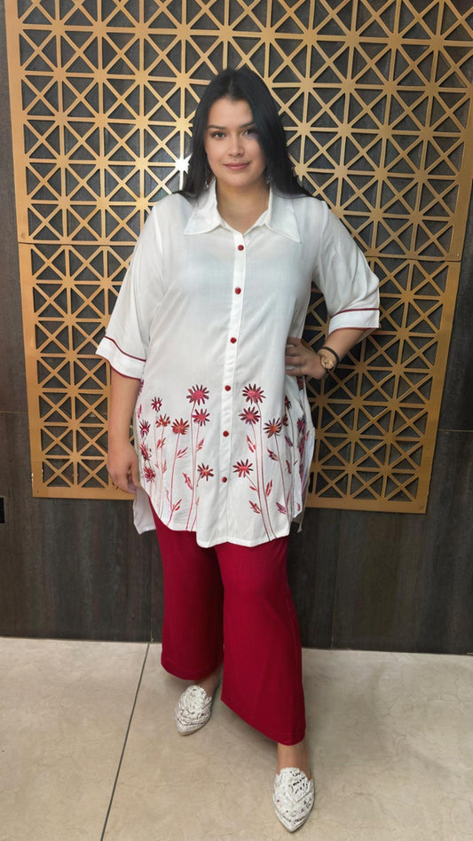 Red and white cord set with thread work