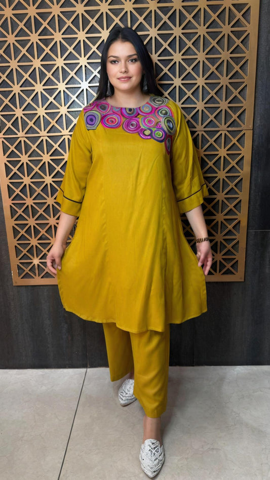 Mustard Cord Set with Thread work